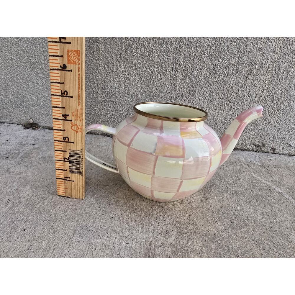 MACKENZIE-CHILDS Enamel Teapot, Cute Small Teapot NO Lid, 4-Cup, PINK CHECK - Picture 5 of 6